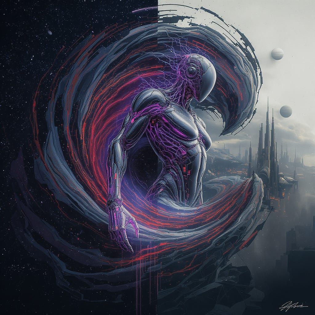 Liquid Metal Entity Emerges in Cyberpunk Double Exposure