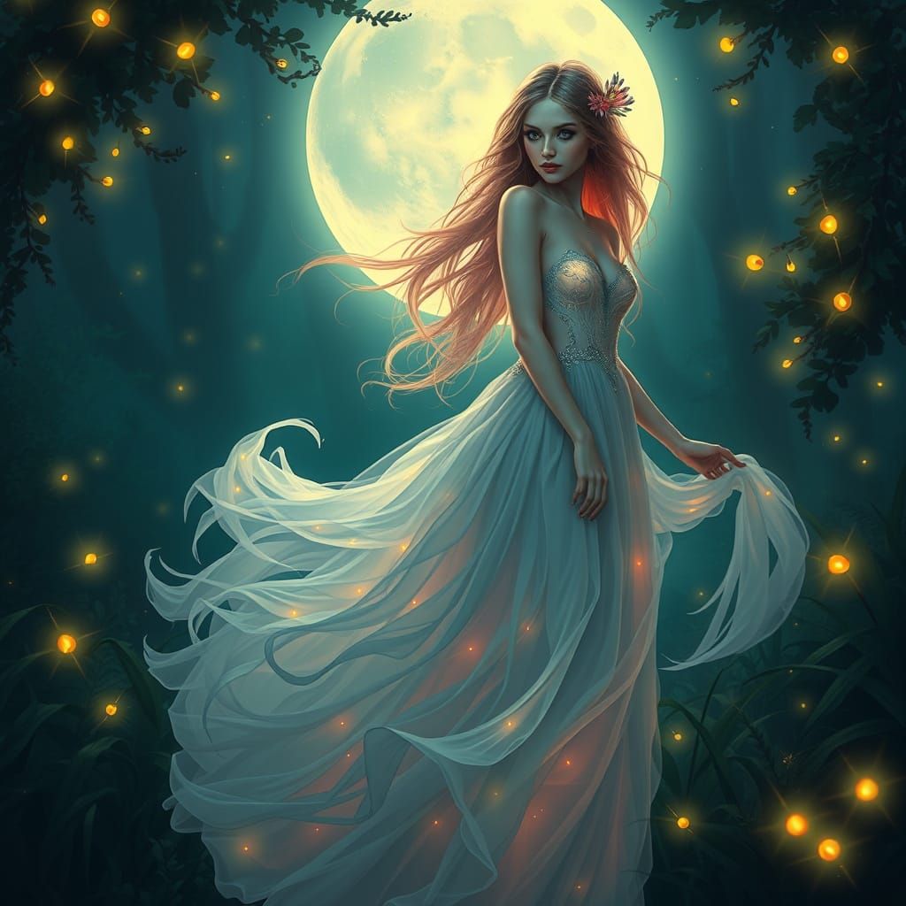 Ethereal Woman in Moonlit Garden, Dreamy Art