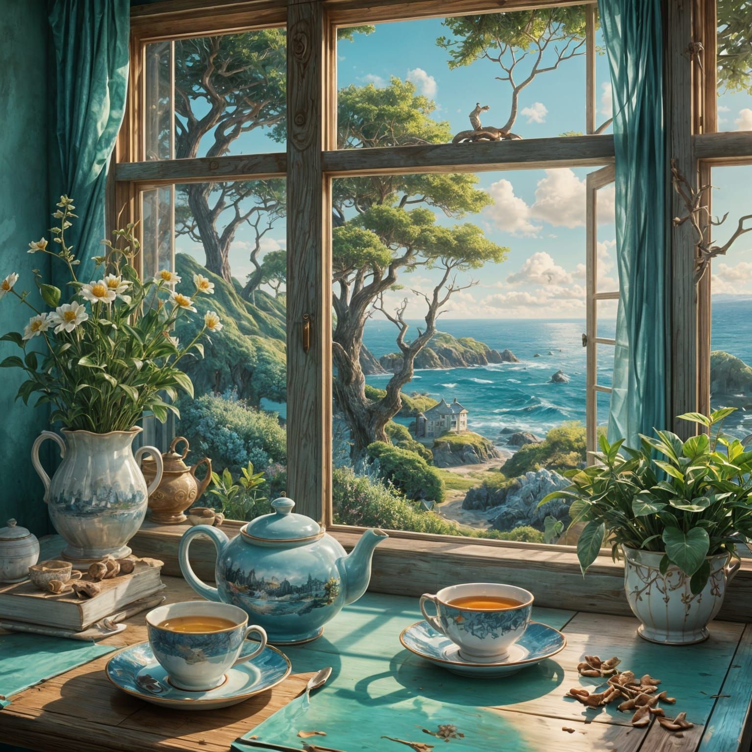 Teapot Landscape Art: Ocean Cottage in Detailed Matte Painti...