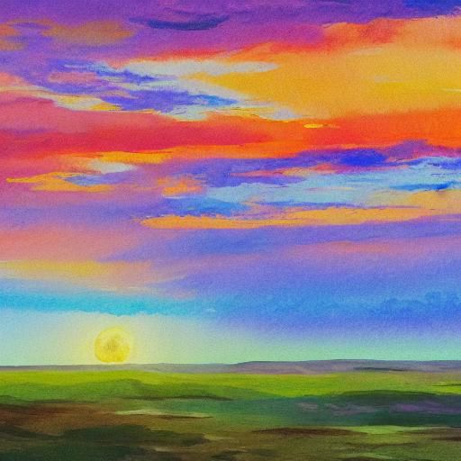 Grassland Crater Sunset in Gouache Watercolor Style
