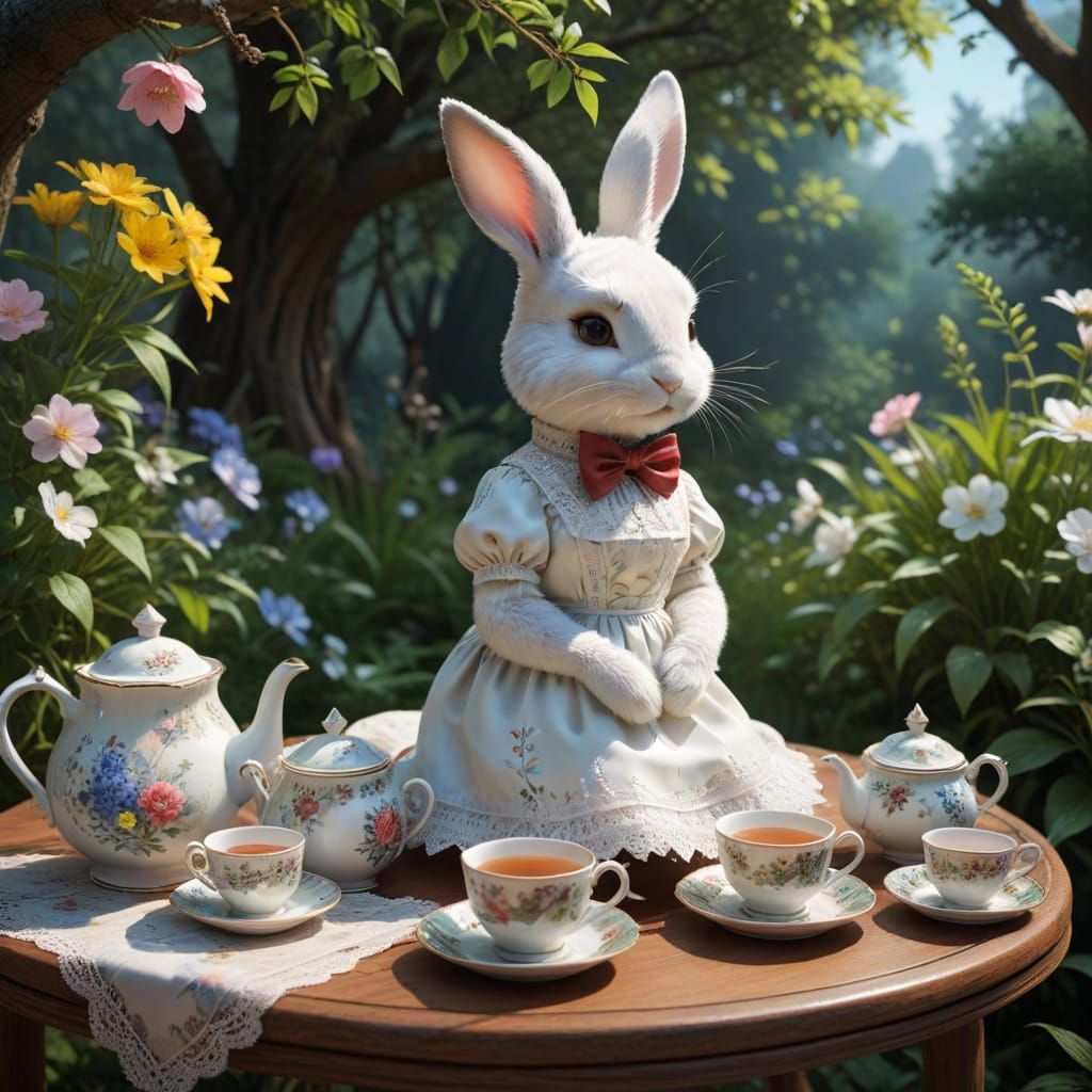 Elegant Bunny Tea Party in Vibrant Garden