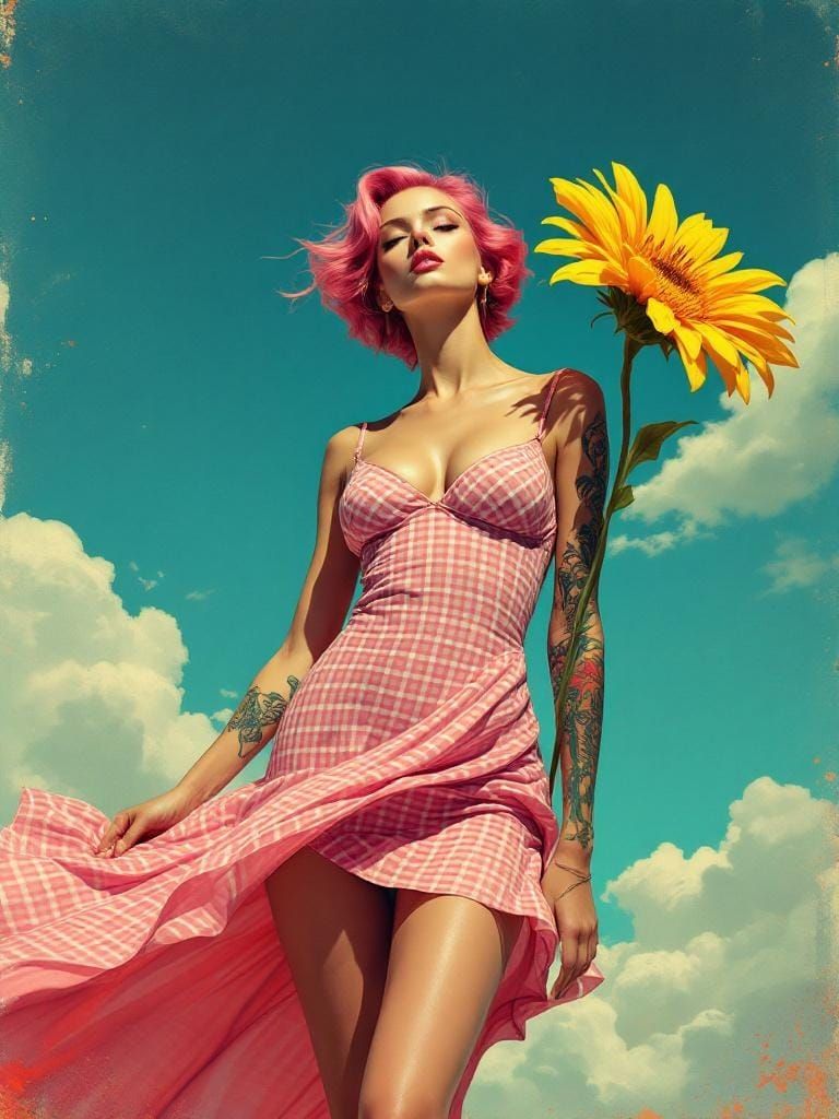 Woman with Sunflower in Art Deco Street Art Style