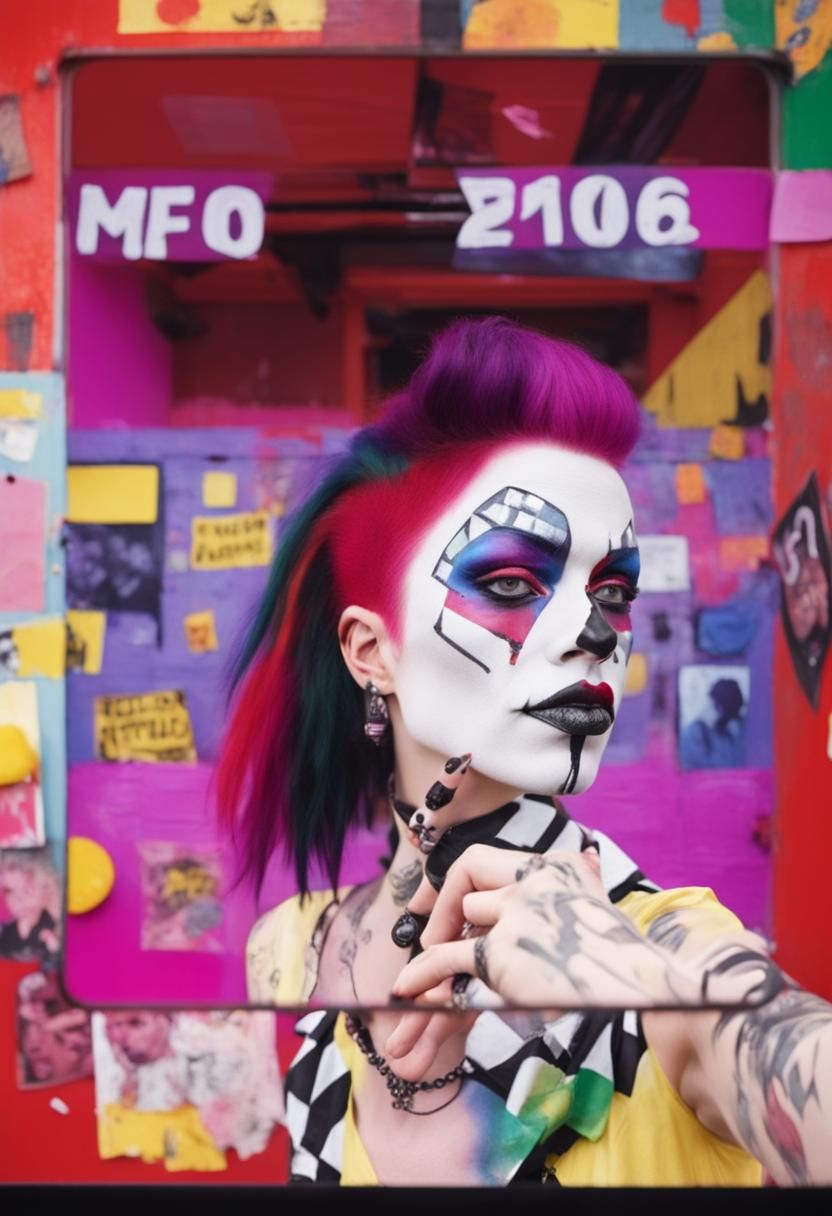 Harlequin Punk Selfie in Urban Reflection