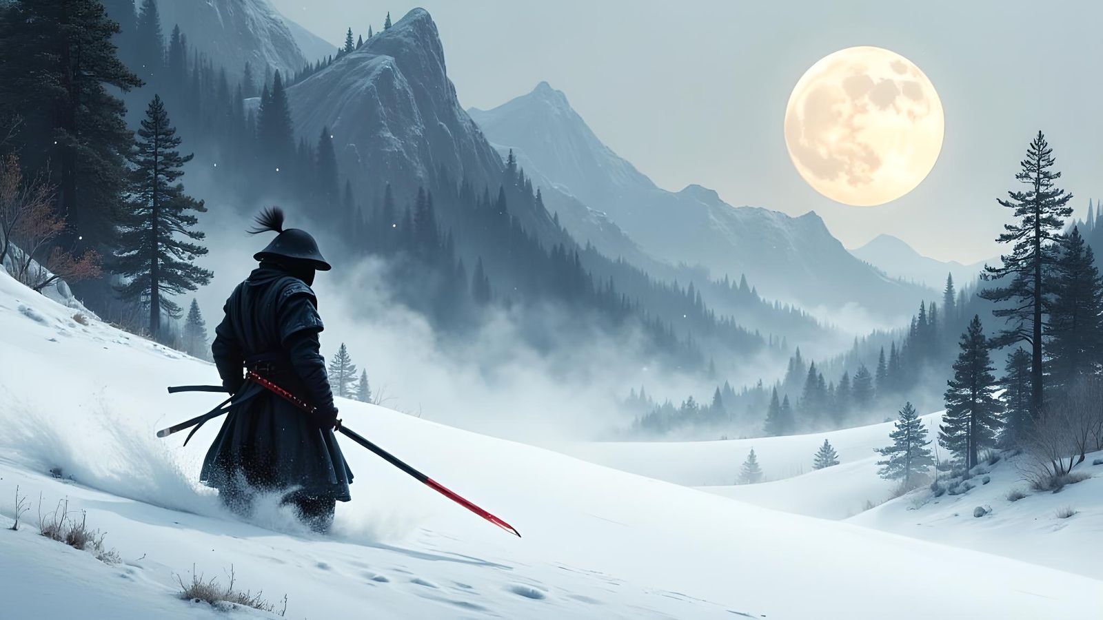 Samurai in Snow: Minimalist Black and White Masterpiece