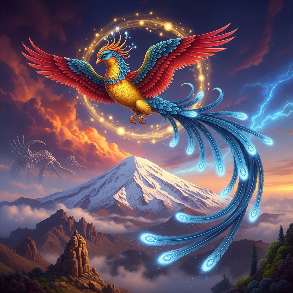 Simurgh Soaring Over Mount Damavand in Persian Miniature Sty...