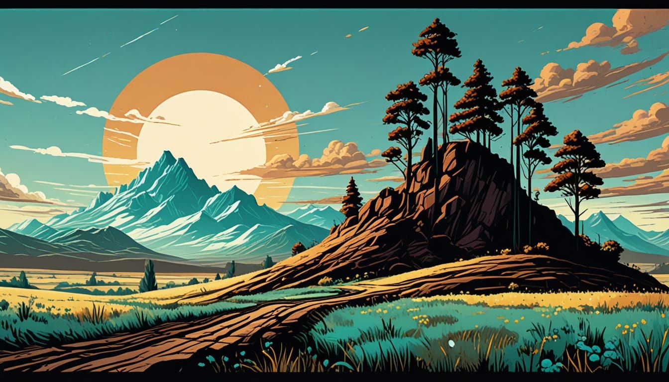 Vibrant Oil Painting of Serene Landscape with Triadic Colors