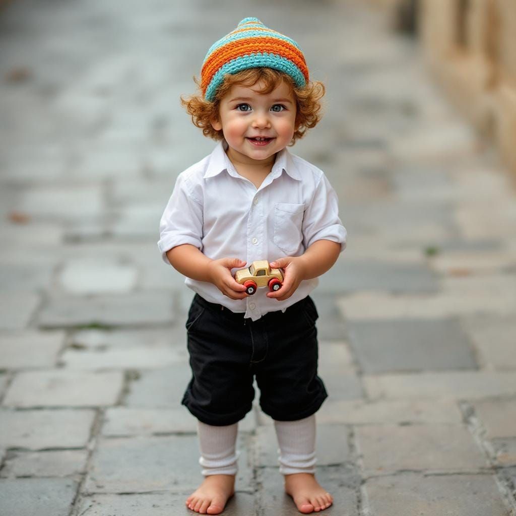 Ginger-haired Boy with Toy Car in Jerusalem Sunlight