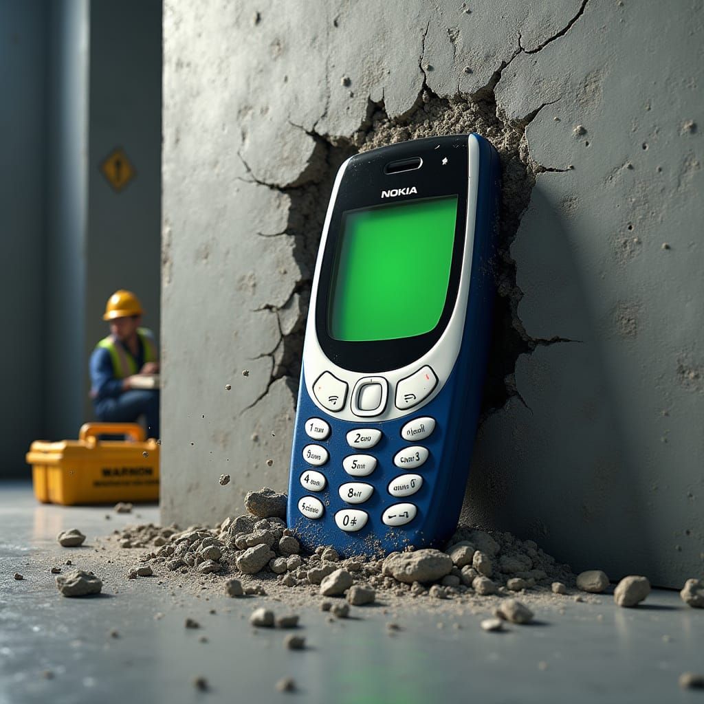 Nokia 3310 Impacts Concrete Wall: Hyperrealistic Still Life
