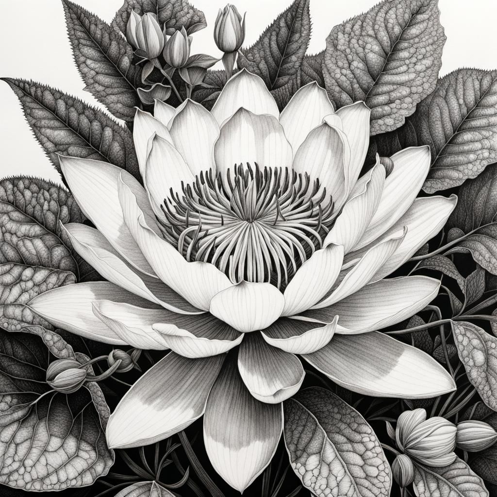 Detailed Pen and Ink Nymphea Botanical Drawing