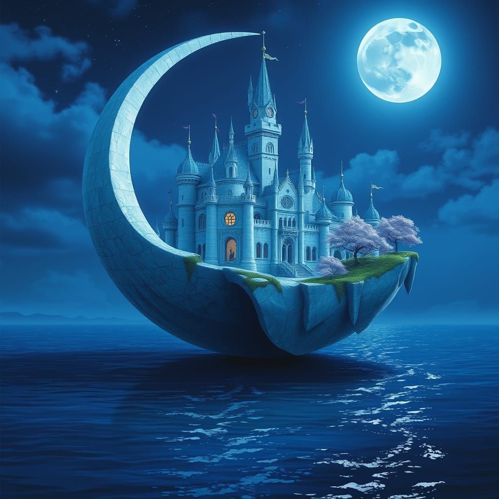 Floating Ice Castle City Under Moonlight