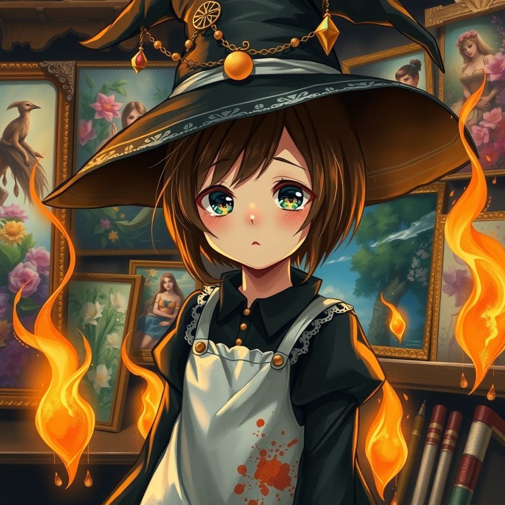 Anime Witch Surrounded by Burning Art