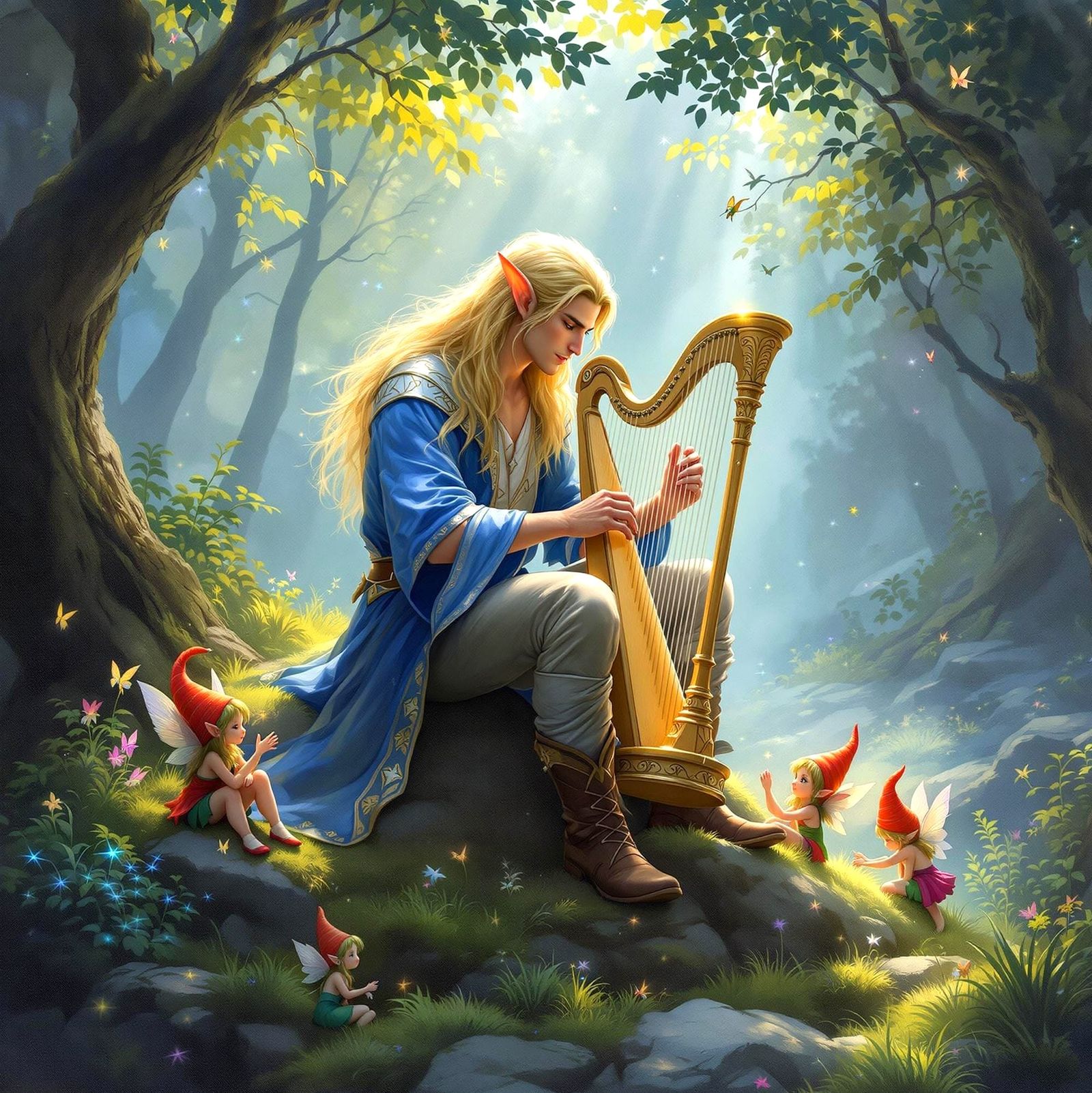 Ethereal Elf Musician in Whimsical Forest Glade