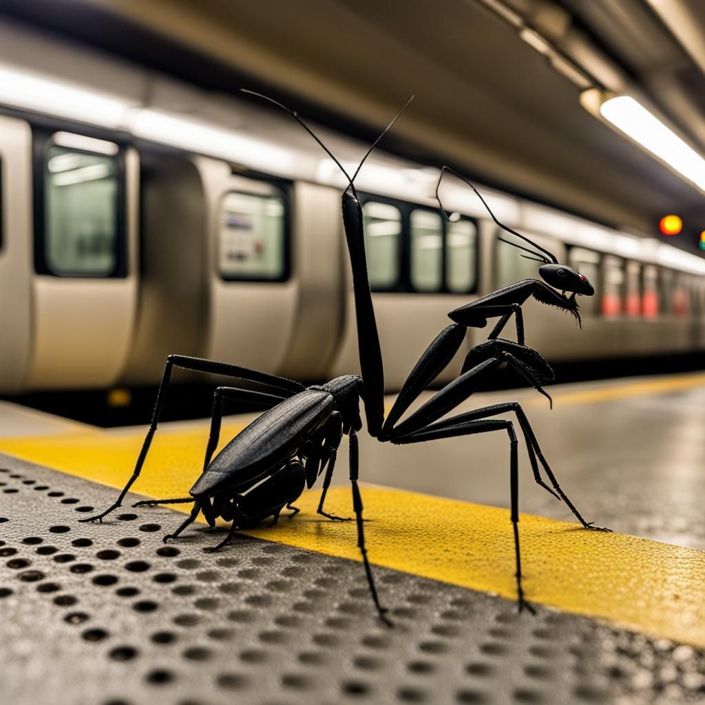 Black insect, mix of tail-spider praying mantis, black, on a...