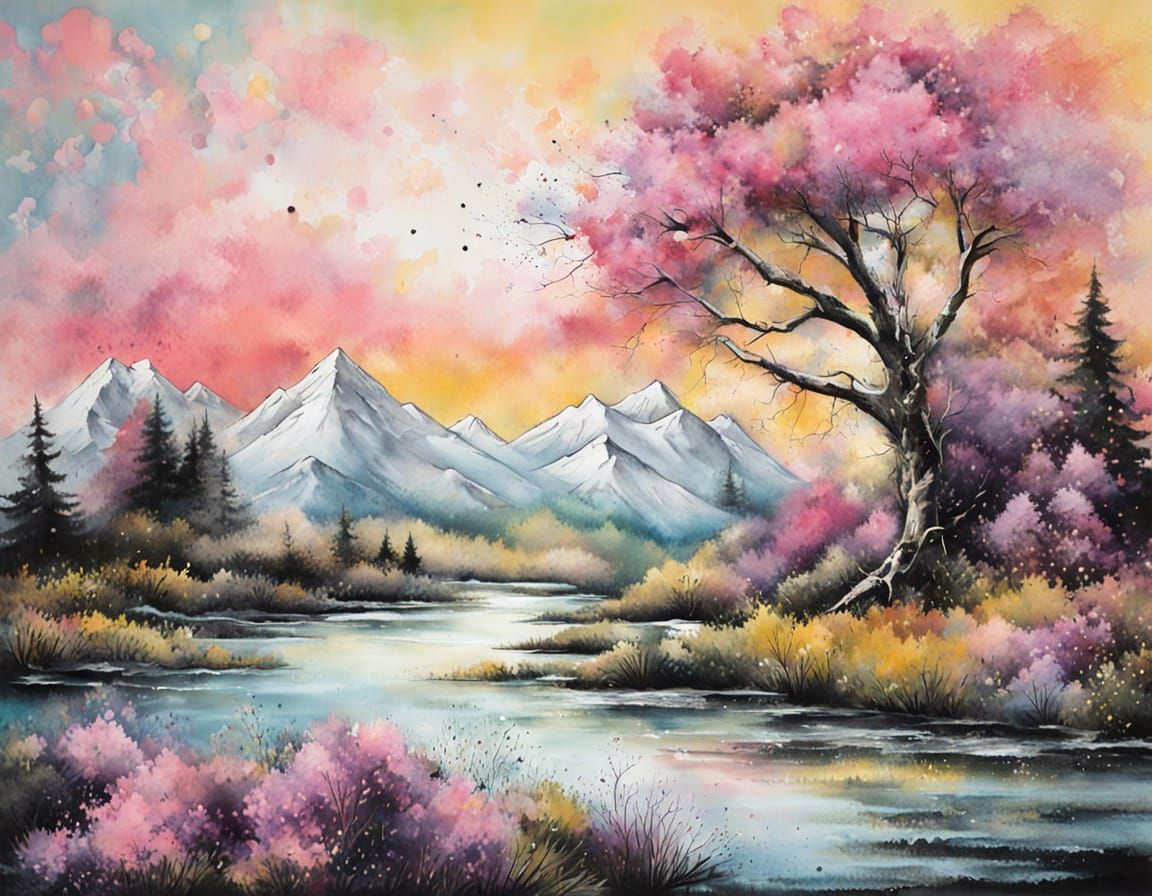 Pastel Landscape with Ink Splatter Effect