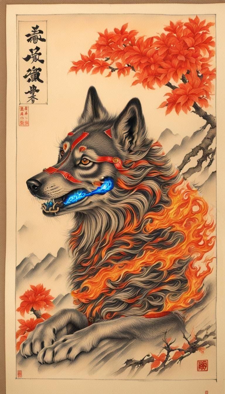 Flaming Wolf in Japanese Art Scroll Style