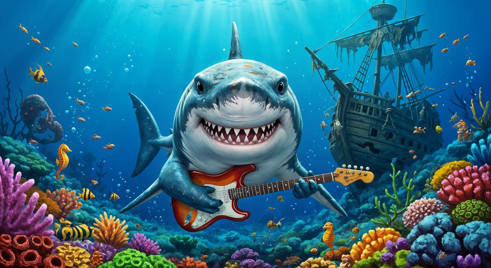 Aggressive Shark Plays Guitar Underwater in Pirate Wreck