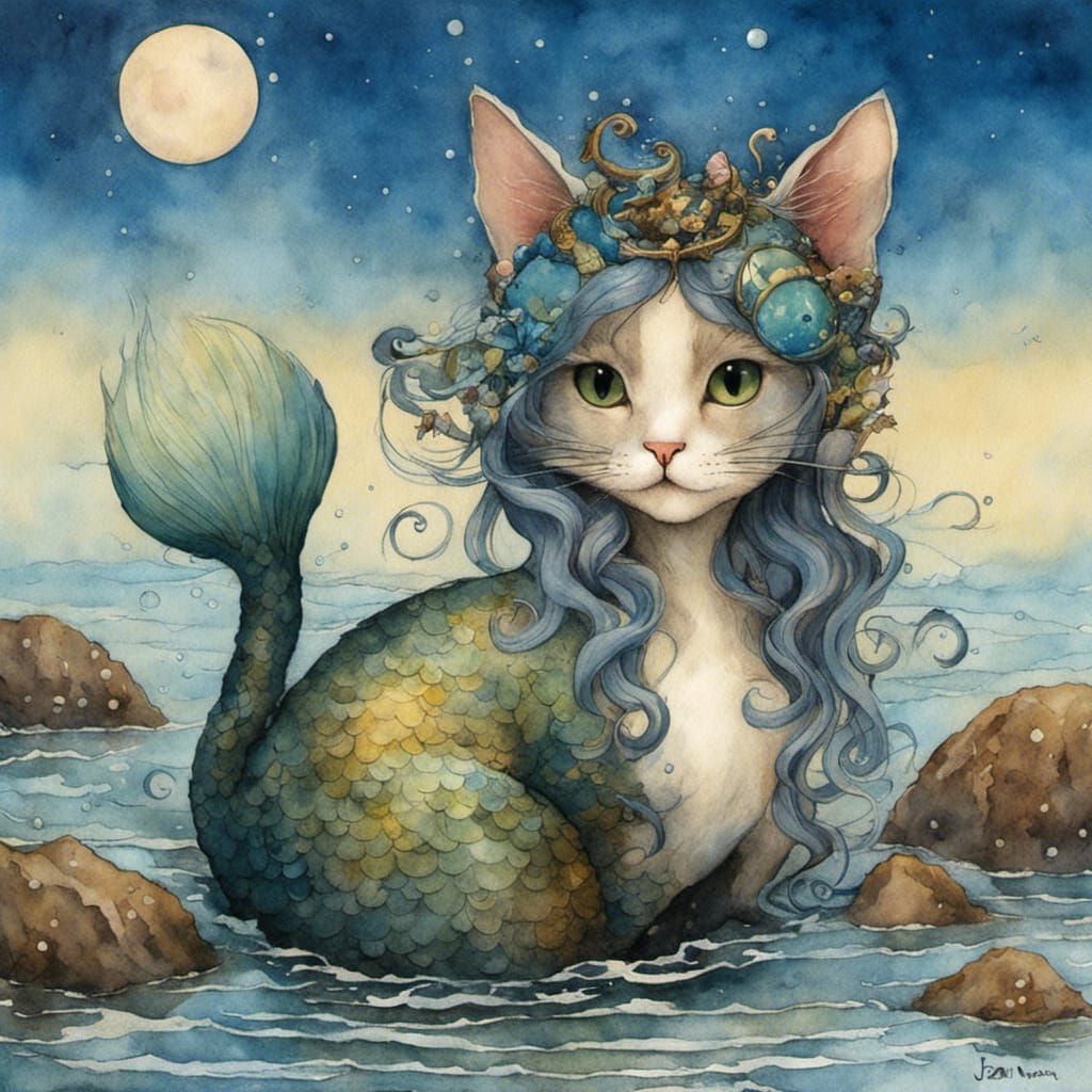Intricate Watercolour Painting of a Cat Mermaid