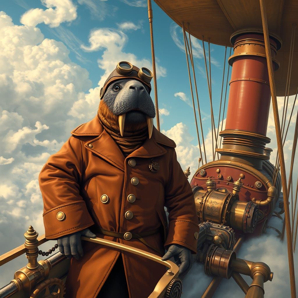 Steampunk Walrus Airship Captain in Detailed Matte Painting