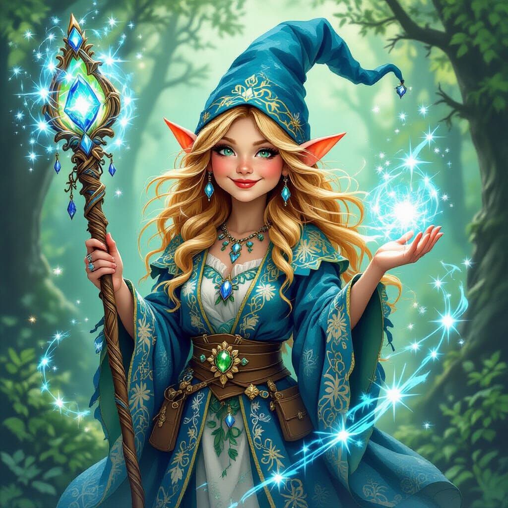 Forest Gnome Illusionist with Blue Gem, in Fantasy Art Style