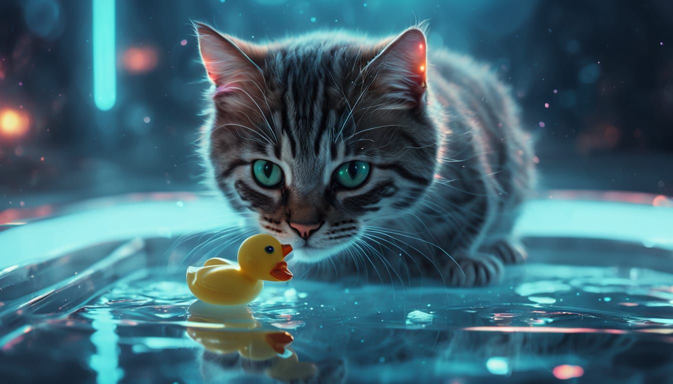 Surreal Futuristic Kitten Plays with Glowing Rubber Duck