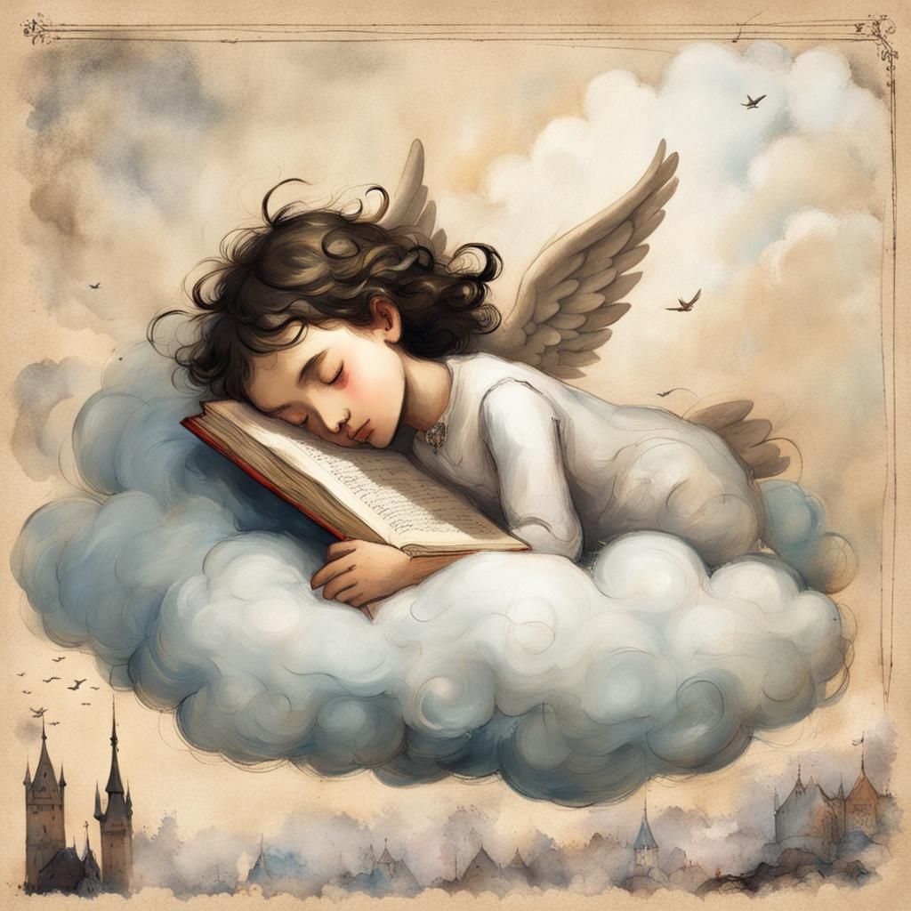 Angel Sleeping on Cloud in Art Brut Style
