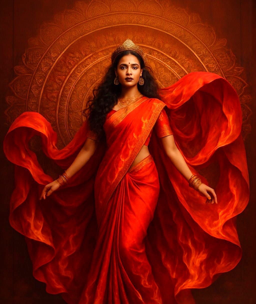 Goddess in Fire Sari with Mandala Art