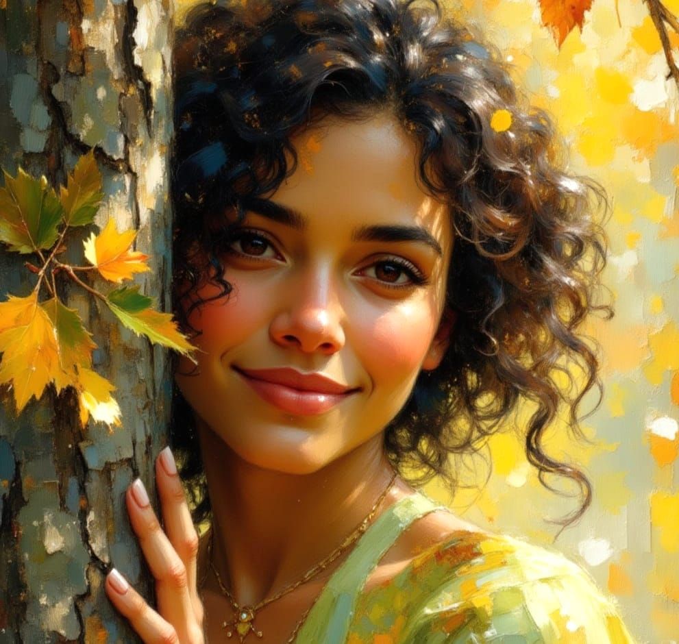 Ethereal Girl in Forest, Watercolour Impasto Style