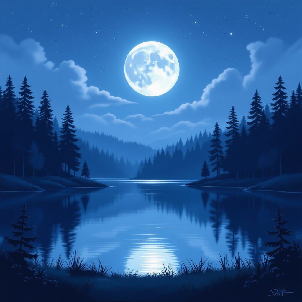 Silver Moonlit Lake in Pine Forest Clearing
