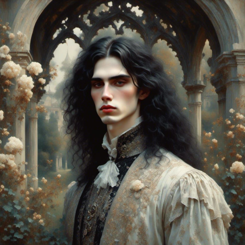 Gothic Man in Garden: Romantic Oil Painting