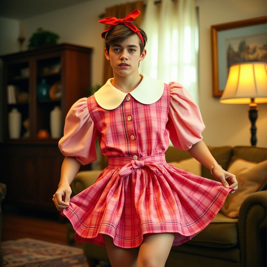 Man in Whimsical Pink Tartan Dress Plays in Cozy Living Room