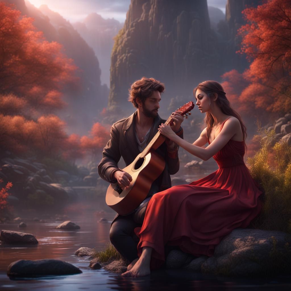 Romantic Music Therapy: Guitar and Flute in Fantasy Art