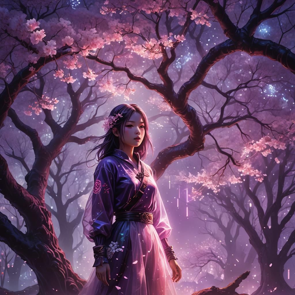 Neon Cherry Blossom Tree with Ghost Girl in Digital Painting