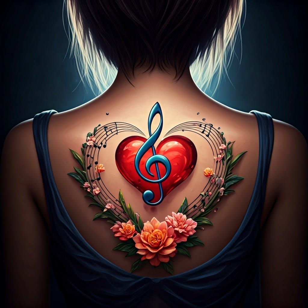 Surreal Music Tattoo Design on Woman's Back