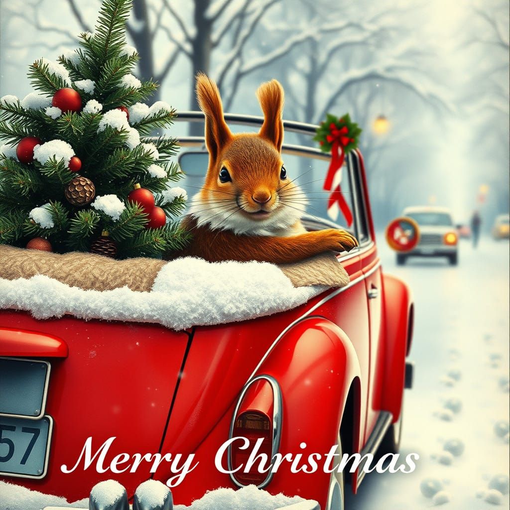 Vintage Santa Squirrel in a Bright Red VW Convertible