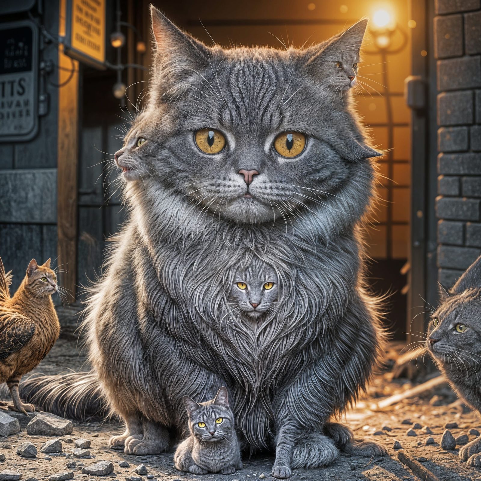 Cat Smiles Creepily at Chicken in Anime Style