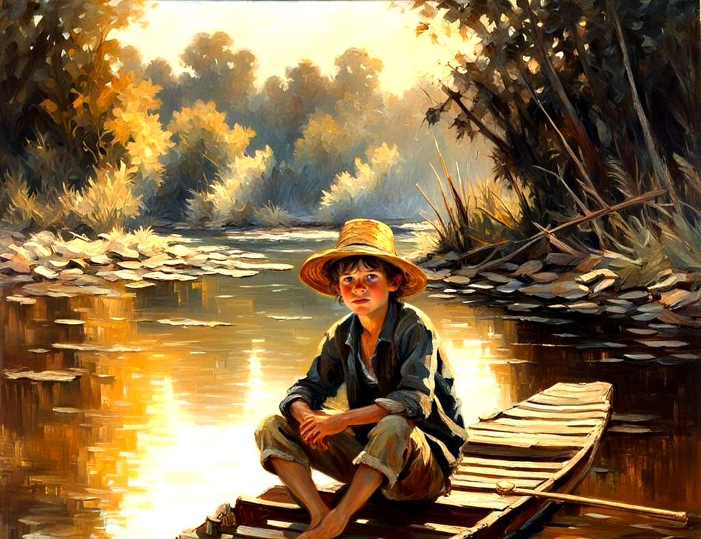 Huckleberry Finn on a Raft as Oil Painting
