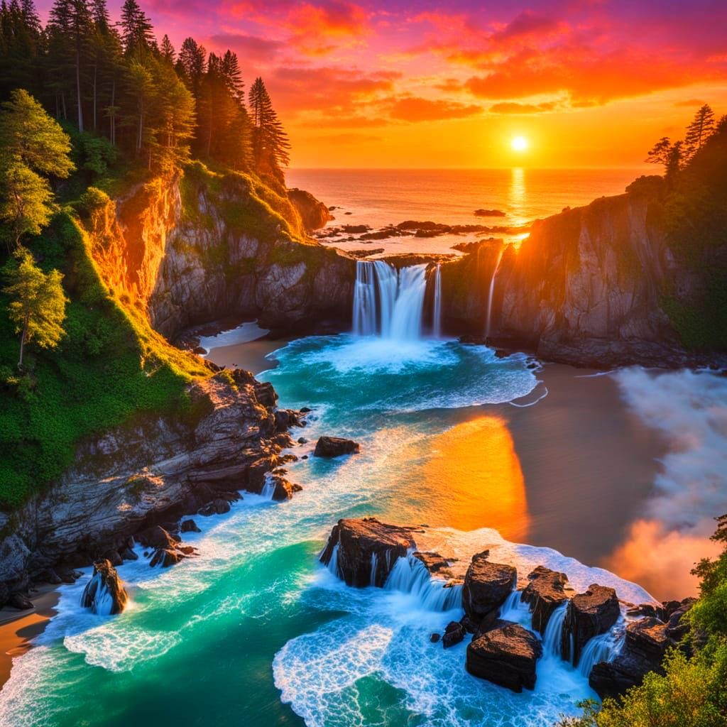 Surreal Beach Paradise at Sunset in a Dreamlike Landscape