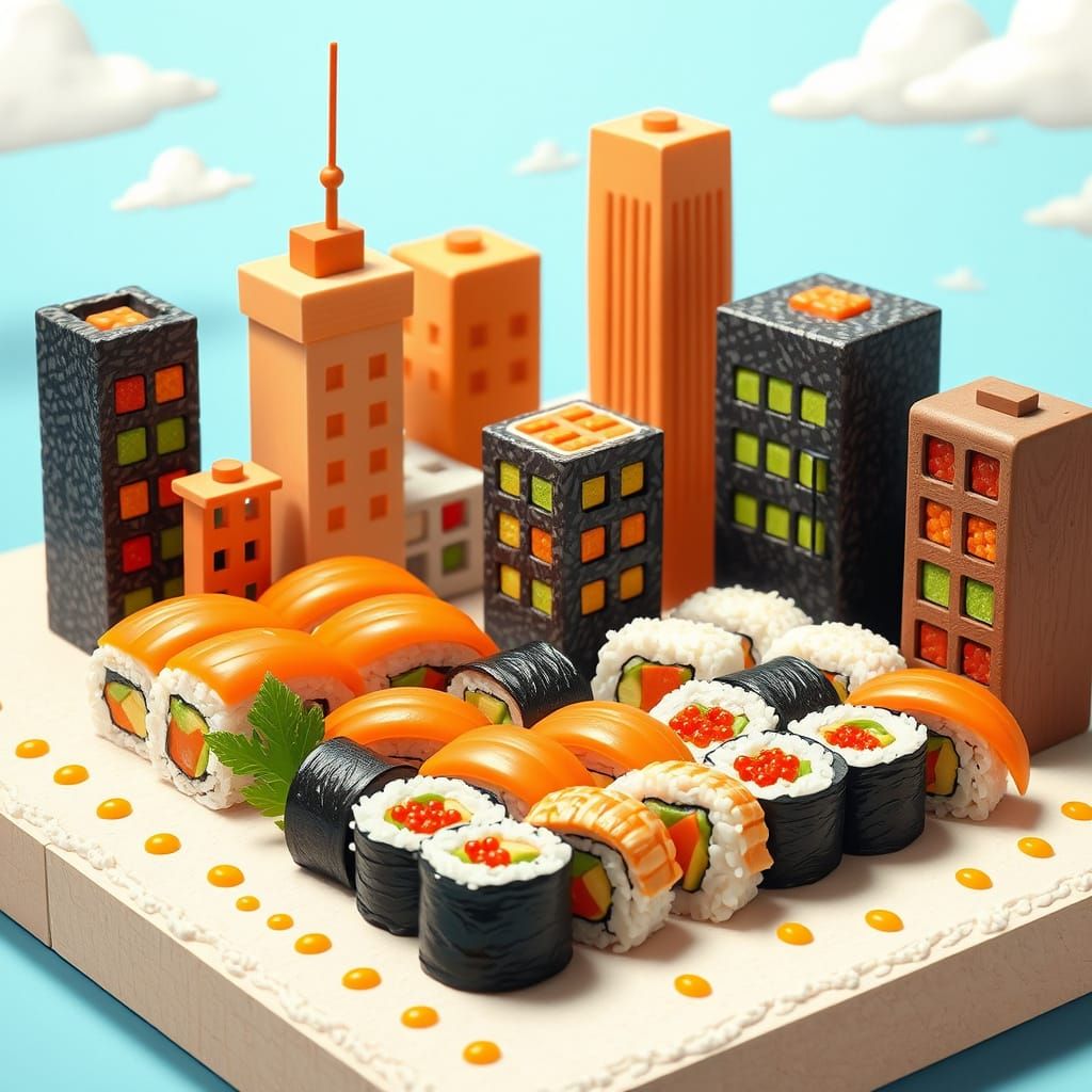 Whimsical Sushi Cityscape in Cartoon Style