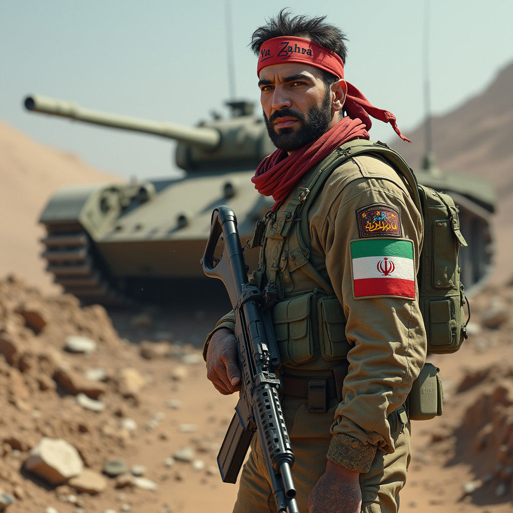 Resolute Iranian Soldier in War Zone, Digital Matte Painting