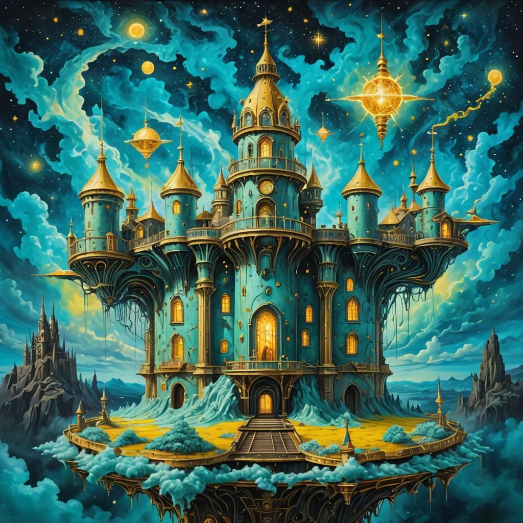 Surreal Steampunk Castle Under Cosmic Skies
