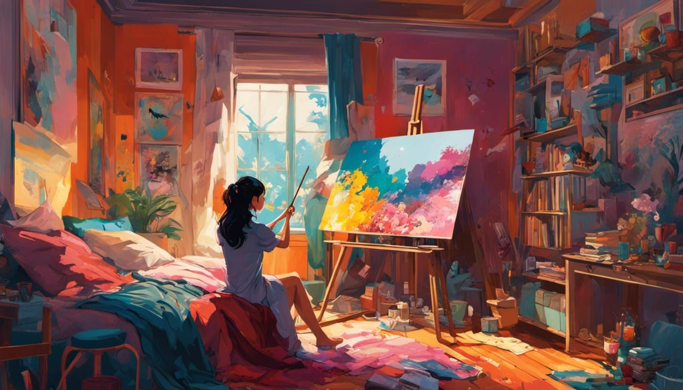 Girl Painting in Colorful Bedroom, Digital Illustration
