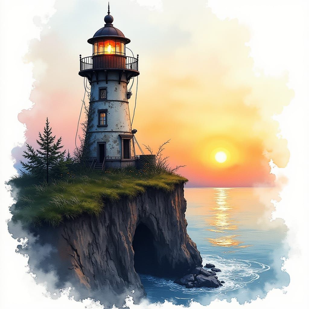 Steampunk Lighthouse on Cliff at Sunrise in Watercolour Styl...