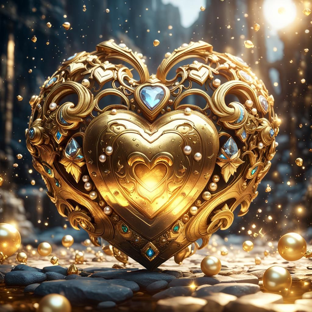Voluminous Golden Heart with Jewels in Neo-Impressionism