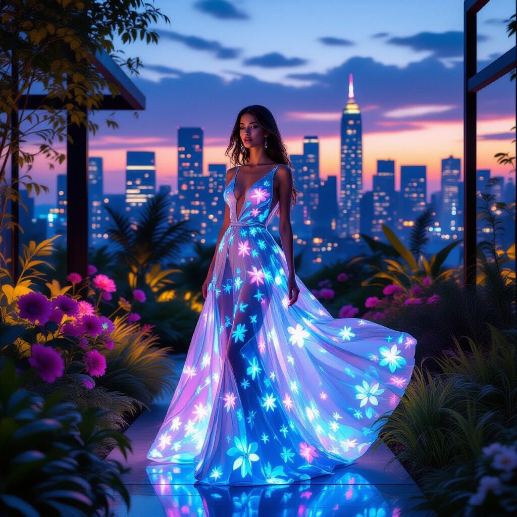 Bioluminescent Gown in Futuristic Garden, Editorial Style