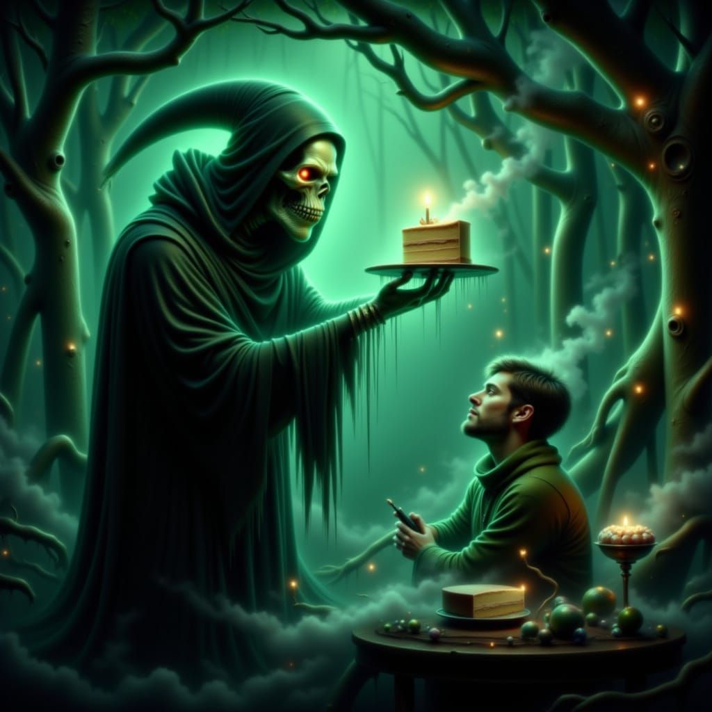 Grim Reaper Offers Cake or Death in Gothic Animation Style