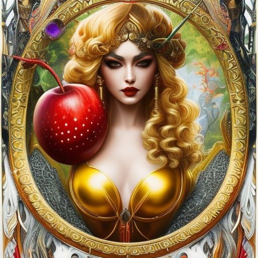 Mysterious Woman with Red Apple: Psychedelic Digital Art