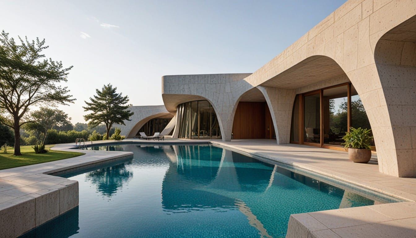 Royal Palace Outdoor Pool with Greek Columns and Modern Desi...