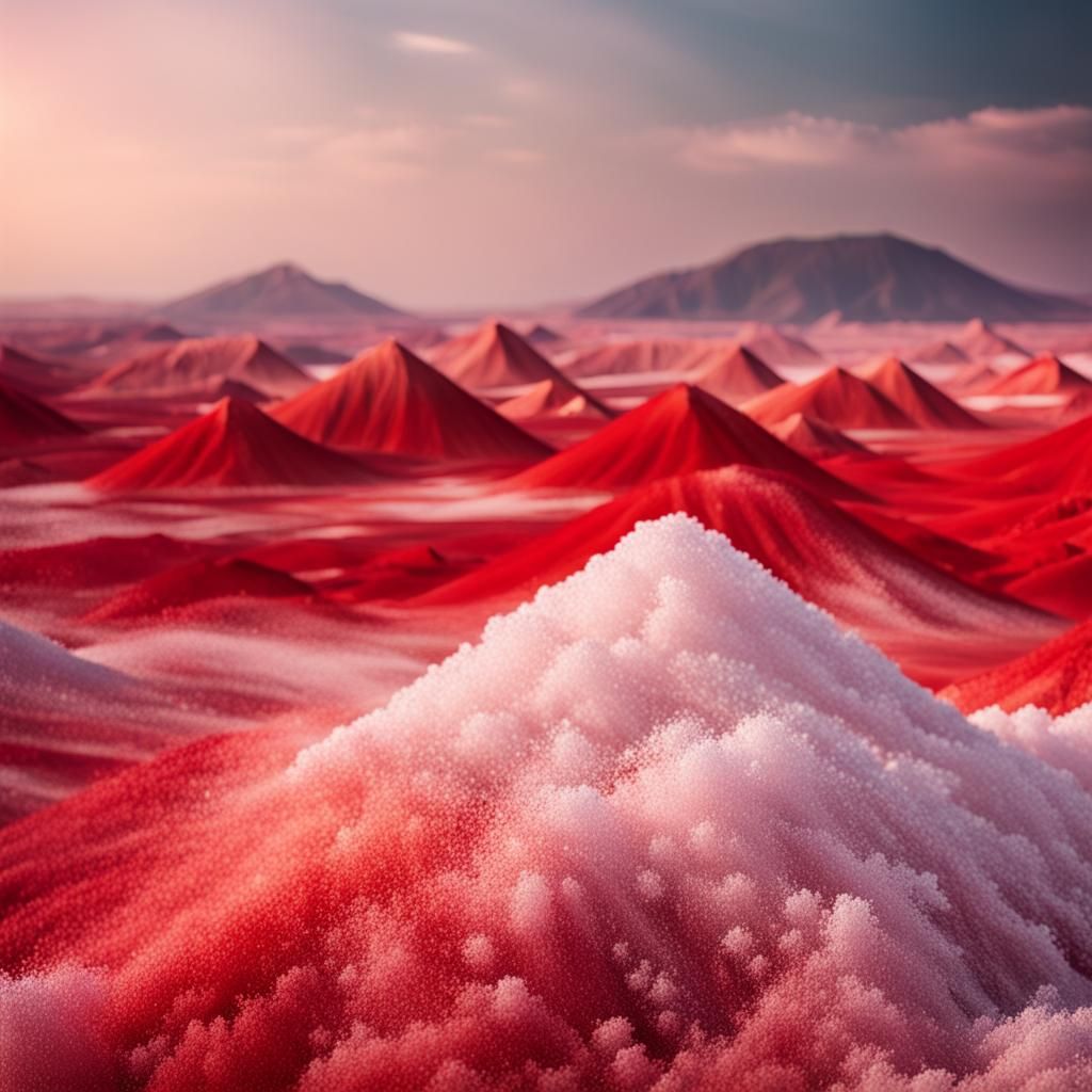 Surreal Red Salt Mountain Landscape with Mirage
