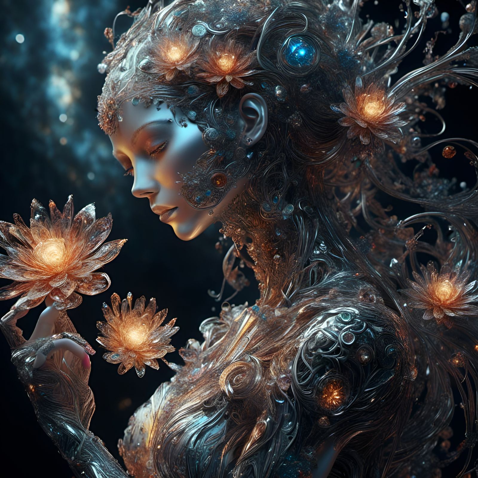 Fillagree Robot Tending Bioluminescent Flower