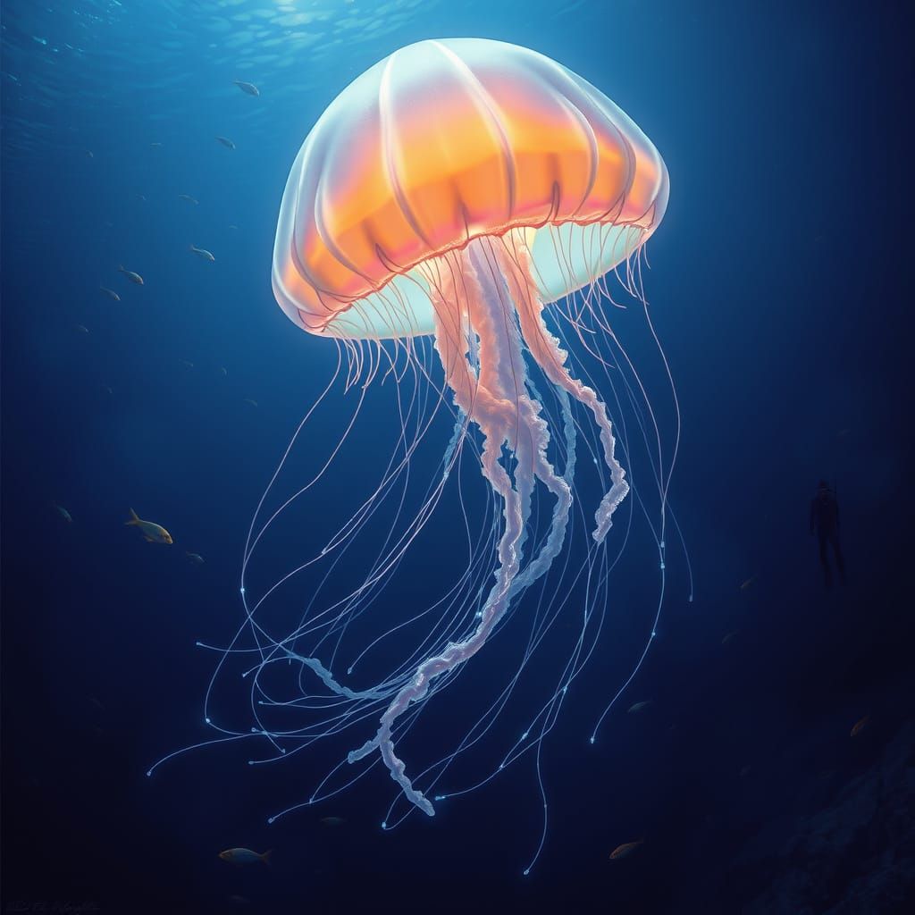 Majestic Bioluminescent Jellyfish in Inky Ocean Depths